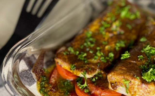 cabillaud à la moutarde aux tomates et soja